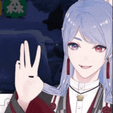 a girl with blue hair and red eyes is giving the peace sign