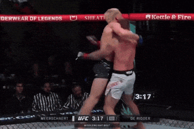 two men are fighting in a boxing ring with a sign that says ' ufc ' on it