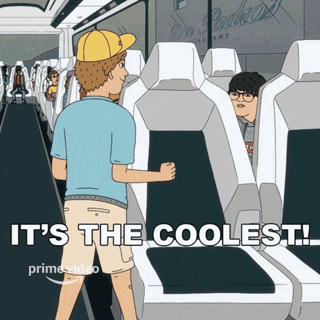 a cartoon of a man on a bus with the words " it 's the coolest "