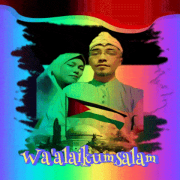 a man and a woman are standing next to each other with the words wa ' alaikum salam written on the bottom