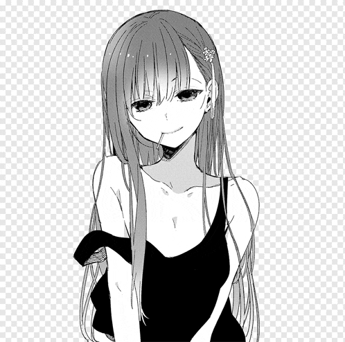 a black and white drawing of a girl with long hair wearing a black tank top