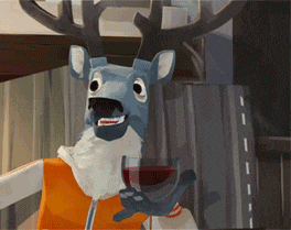 a cartoon deer is holding a glass of wine