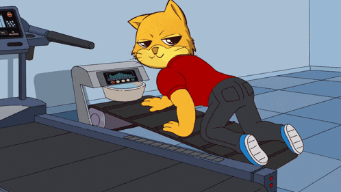 a cartoon cat is running on a treadmill with a bowl of water on the side