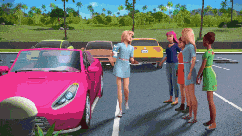 a group of barbie dolls are standing in a parking lot with a pink car