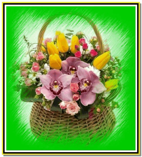 a wicker basket filled with purple and yellow flowers on a green background