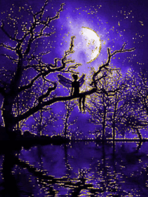 a fairy is sitting on a tree branch overlooking a lake