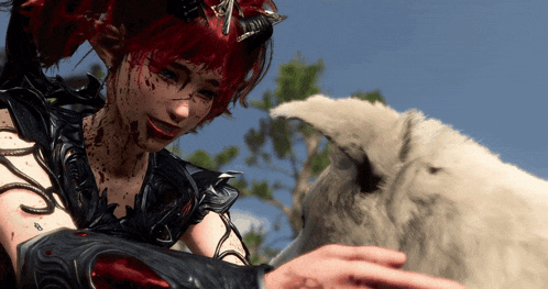 a woman with blood on her face petting a white animal