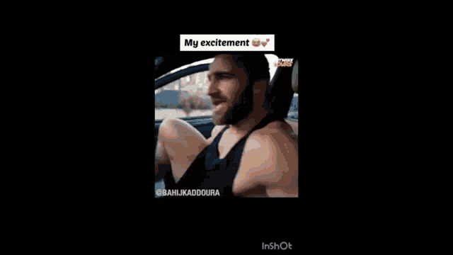 a man is jumping out of a car with the words my excitement above him