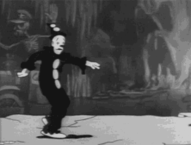 a black and white cartoon of a clown in a costume