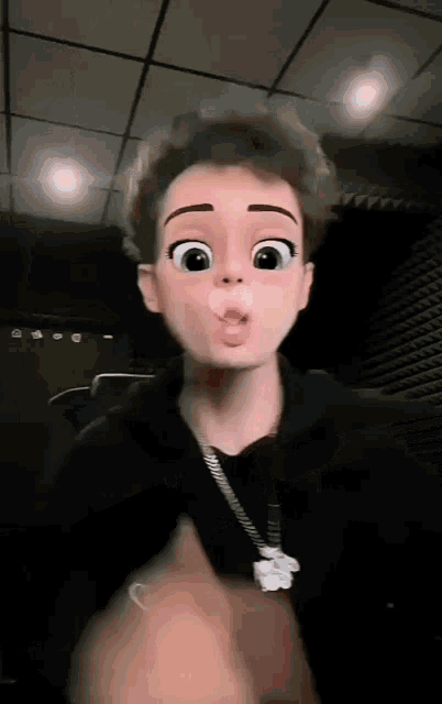 a young man with a cartoon face is blowing a bubble .