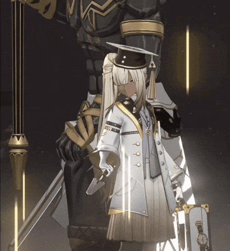 a girl in a white uniform is standing next to a giant