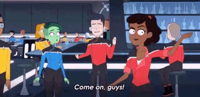 a group of cartoon characters are standing in a room talking to each other .