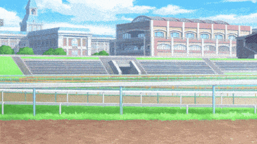 a large building with a clock tower is behind a dirt track