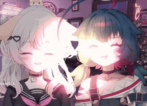 two anime girls are standing next to each other and one has a heart on her choker
