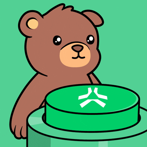 a brown teddy bear is pressing a green button with a white x on it