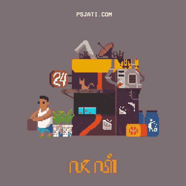 a pixel art of a man watering plants in front of a building that says psjati.com on the bottom