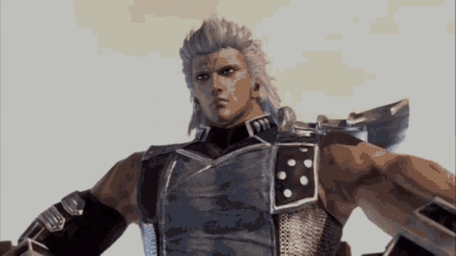 a video game character with a gray hair and a blue vest