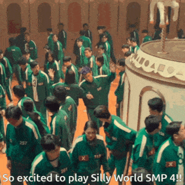 a group of people in green uniforms are standing in a room with the words " so excited to play silly world smp 4 "
