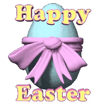 a blue easter egg with a pink bow and the words happy easter on it