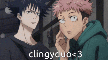 two anime characters are standing next to each other and the words clingy duo < 3 are visible