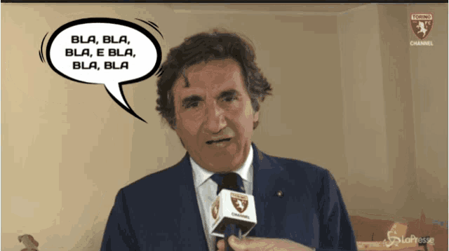a man speaking into a microphone with a speech bubble that says bla bla bla e bla bla bla bla
