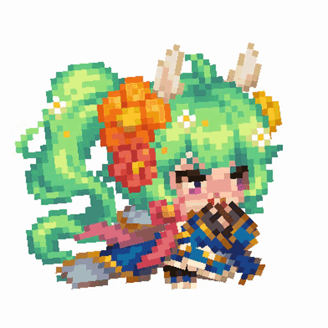 a pixel art of a girl with green hair holding a sword