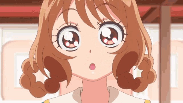 a close up of a girl 's face with braids and big eyes
