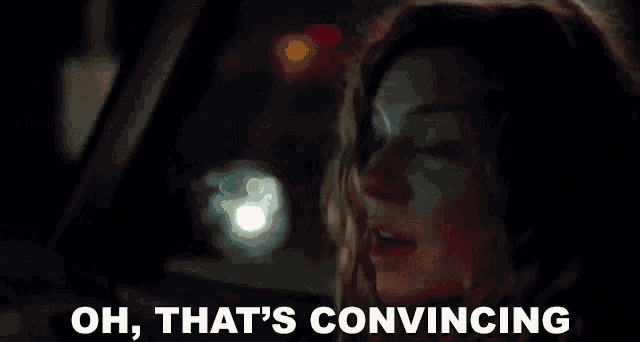a woman in a car with the words oh that 's convincing