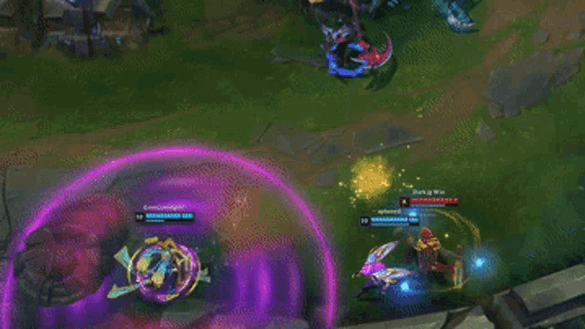 a screenshot of a league of legends game shows a purple circle around a yellow object