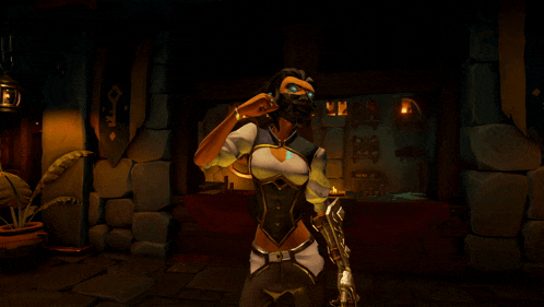 a woman in a video game is wearing a mask and holding a gun in a dark room