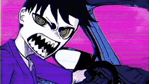 a cartoon character is driving a car with a purple background and a swirl in his eyes .