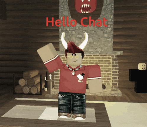 a cartoon character with horns and glasses says hello chat