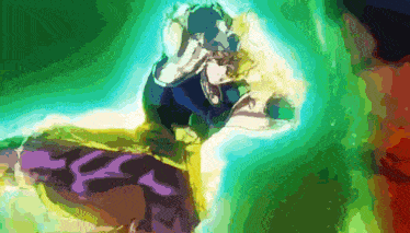 a painting of a person with a green background and a purple swirl