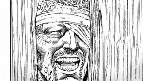 a black and white drawing of a man with a bandage on his face and a crown on his head .