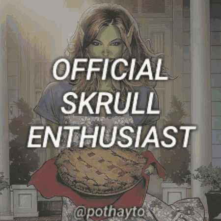 a picture of a woman holding a pie with the words official skrull enthusiast