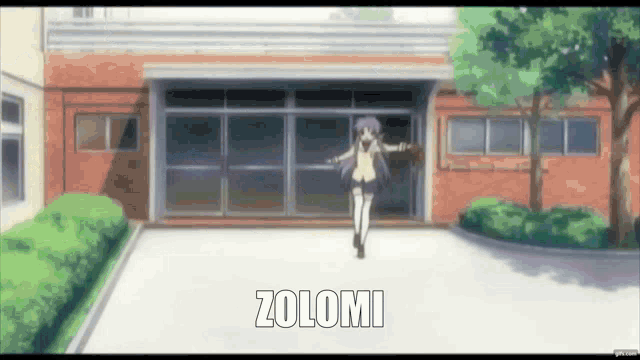 a girl is dancing in front of a building with the word zolomi written on the bottom