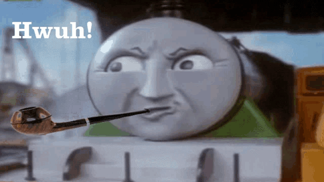 a cartoon character with a pipe in his mouth and the words hwuh on the bottom right