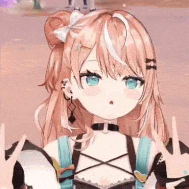 a close up of a 3d anime girl with pink hair and blue eyes making a peace sign .