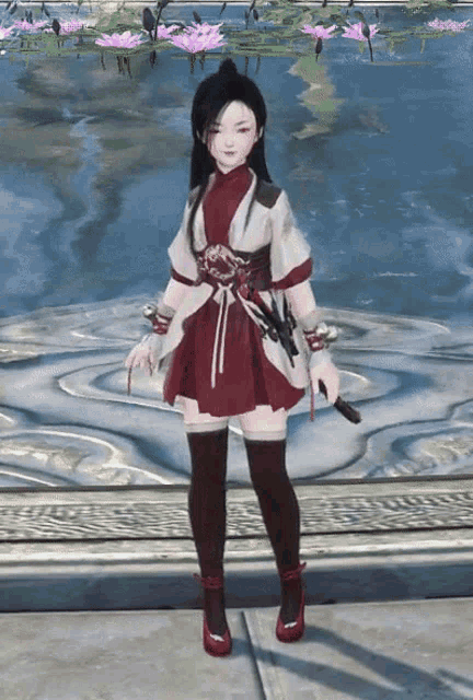 a girl in a red dress is holding a sword in her hand