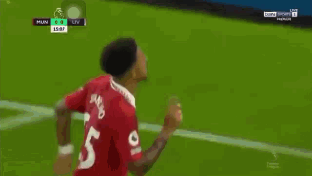 a man in a red jersey is standing on a soccer field with his hands outstretched .