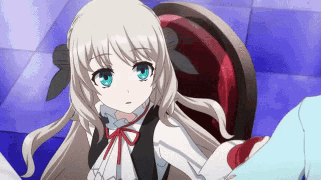 a girl with white hair and blue eyes is sitting on a chair