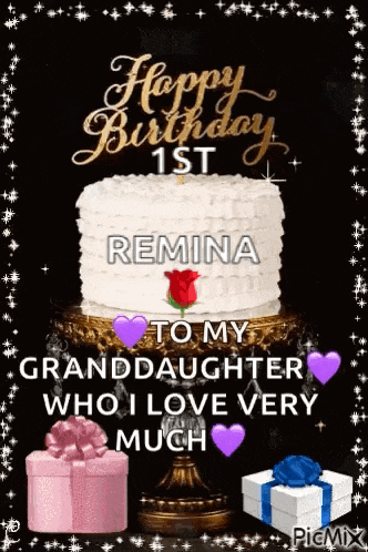 a happy birthday card for a granddaughter with a cake and gifts .