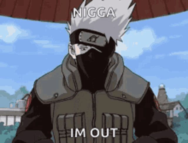 a cartoon character with the words nigga im out written on his face