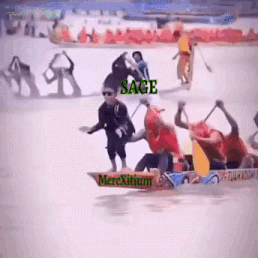 a group of people in a canoe with the word sage on it