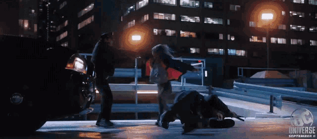 a poster for the dc universe shows a woman fighting a man
