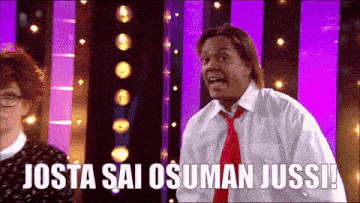a man in a white shirt and red tie says josta sai osuman jussi !