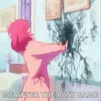 a cartoon of a woman standing in front of a wall with the words me after the pats game written on it .
