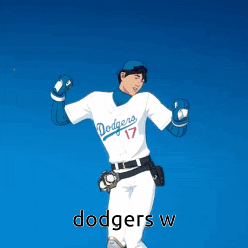 a man in a dodgers jersey is dancing in front of a blue sky