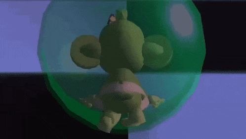 a green teddy bear is sitting in a green bubble .