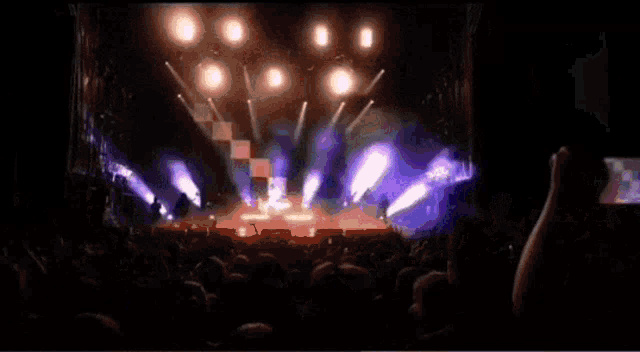 a crowd of people are watching a concert with a checkered pattern on the stage